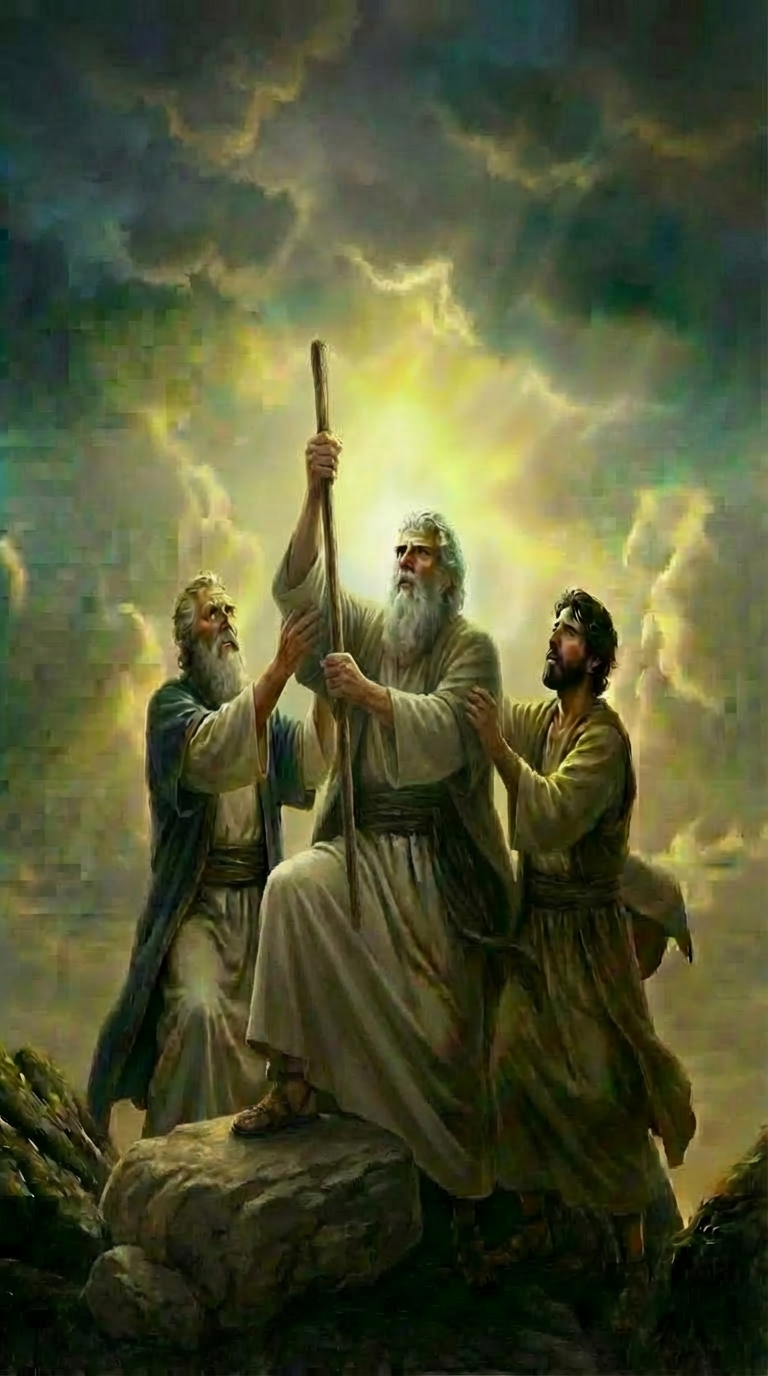 Keep everything exactly the same, but make Moses sit on a stone. Make the staff shorter, and have Moses hold it higher while gripping it with both hands at the bottom part.