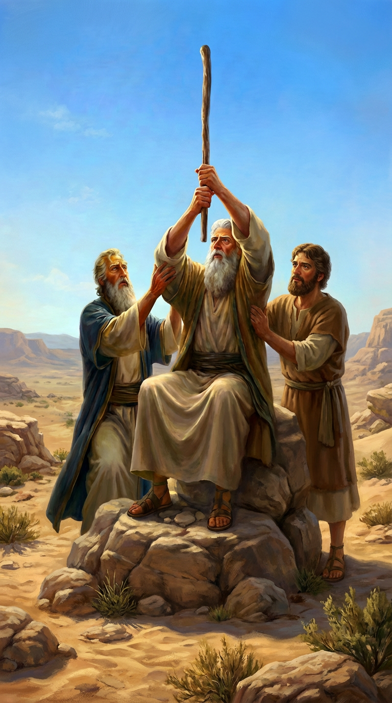 Make an image that Moses sits on single natural stone with his stick vertical up, two hands holding the stick. and two mans supporting his arm from the elbows. with wilderness in the background