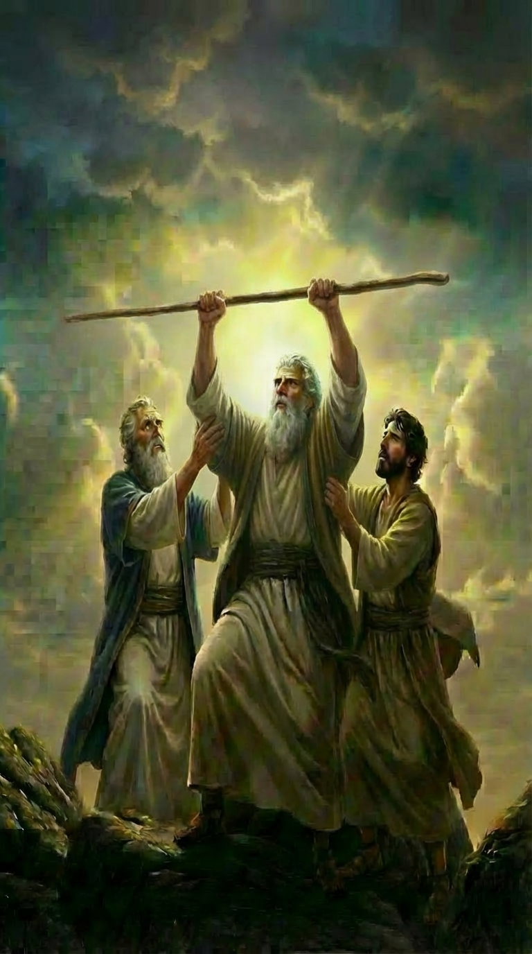 lift the staff up, make the old man hold the stick with two hands. from the bottom part. of the stick. the two mans on the sides should stay the exactly the same