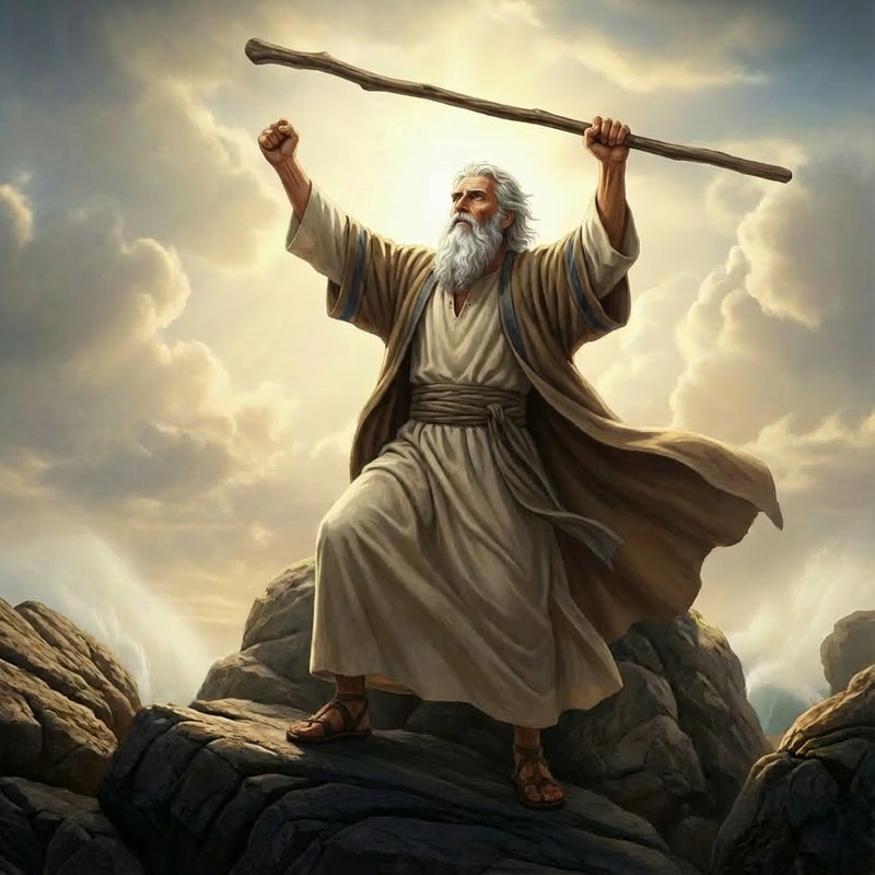 make Moses lifting the staff high up with two hands