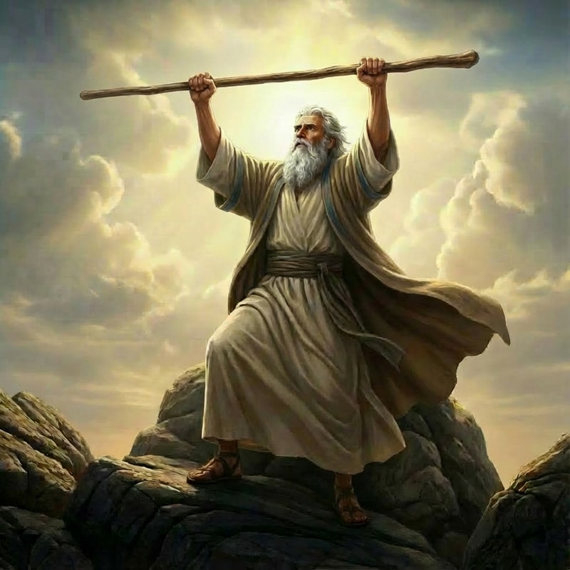 make Moses holding the vertical staff with both two hands very high up