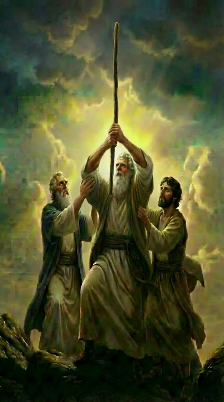 Using the reference image, keep the entire scene, lighting, and characters the same, but adjust the left man’s pose so that he is firmly holding Moses’ elbow, not his forearm or wrist. The left man’s hand must be positioned directly on the elbow joint, clearly supporting it from underneath or the side. Remove any grip from the forearm or lower arm. Ensure the right man remains supporting Moses as in the reference, and keep Moses holding the staff with both hands in the same position.

The attached image represents the overall artistic style and aesthetic. Use it as a reference for visual consistency and design language. Do not replicate these images directly, but capture the general artistic direction and style.

General color scheme includes: #dc3c3c, #646464, #f0c8a0, #8c8c8c, #5078a0