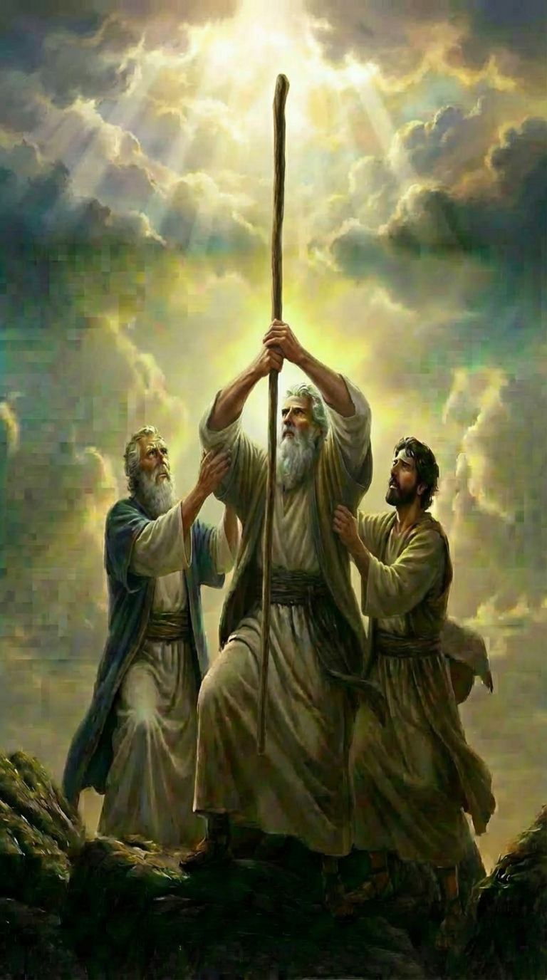 Fix the staff in Moses’ hands so he is holding it higher. Make sure both of his hands are gripping the lower part of the staff, and ensure the two men on each side are supporting his elbows