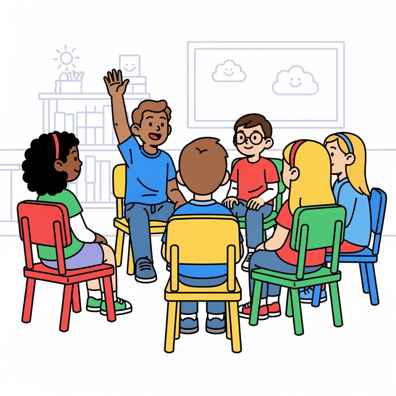 clip art of student lifting his hand to speak, make students sitting on chairs in a circle without tables