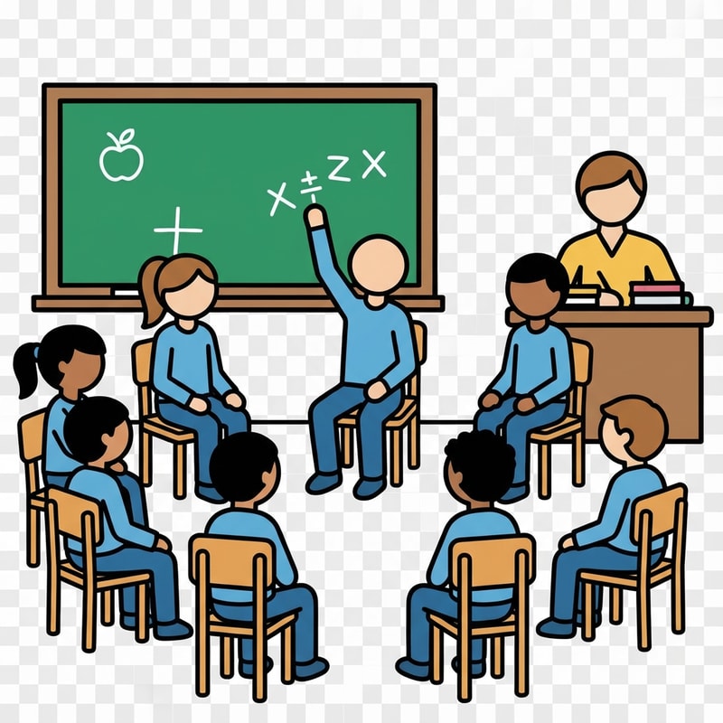 clip art of student lifting his hand to speak, make students sitting on chairs in a circle without tables