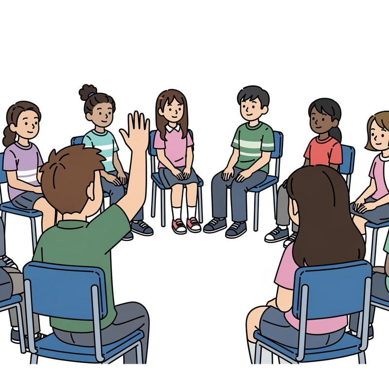 clip art of student lifting his hand to speak, make students sitting on chairs in a circle without tables