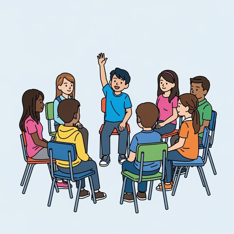 clip art of student lifting his hand to speak, make students sitting on chairs in a circle without tables