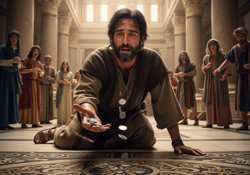 Juda Iscariot throwing the coins in th etemplepicture of a person who has a tragedy