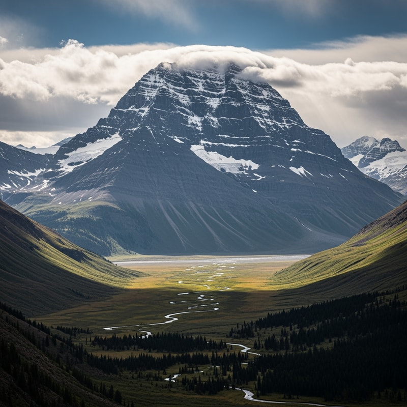 make a scene of a high mountain with a flat valley below
