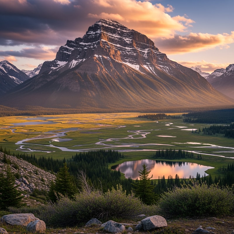 make a scene of a high mountain with a flat valley below