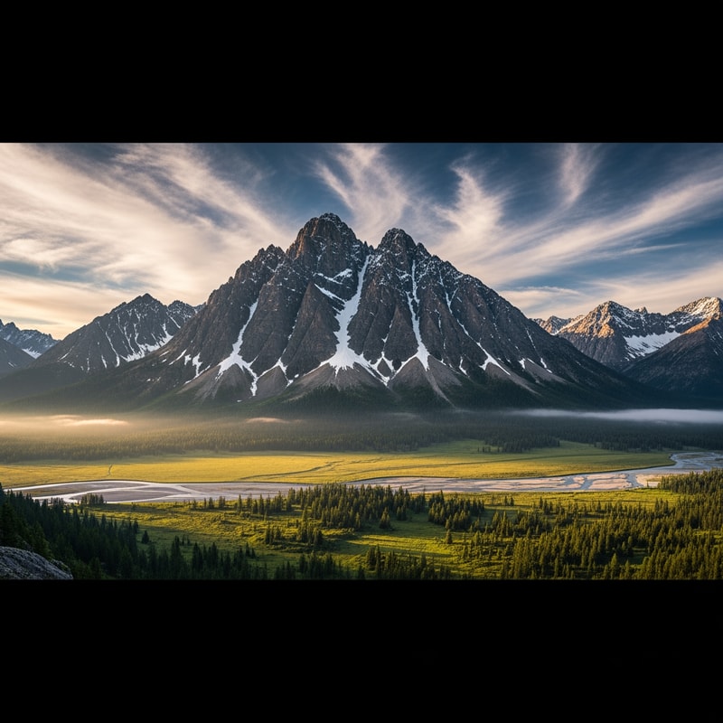 make a scene of a high mountain with a flat valley below