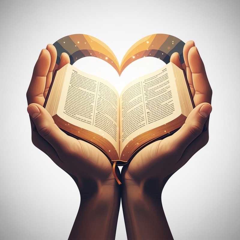 A bible depicted within a heart — a spiritual embrace, warm earth tones, gentle and serene, photorealistic, soft focus on the bible, a subtle glow, a clean, light background