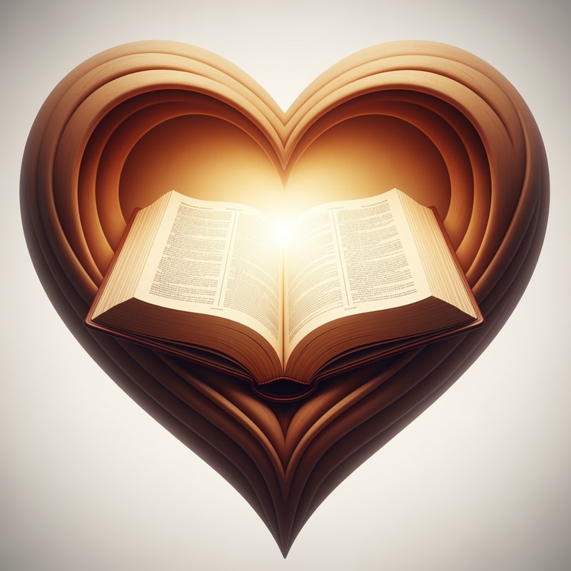 A bible depicted within a heart — a spiritual embrace, warm earth tones, gentle and serene, photorealistic, soft focus on the bible, a subtle glow, a clean, light background