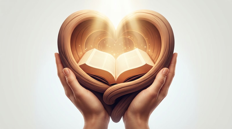 add two hands holding the hearta ray of light coming from above over the bibletones, gentle and serene, photorealistic, soft focus on the bible, a subtle glow, a clean, light background