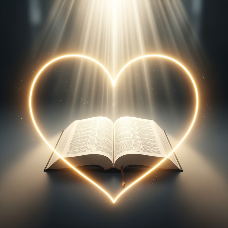 A bible inside a heart — a radiant symbol of faith, golden hour light, divine light shining from above, ethereal and sacred, minimalist and clean, with subtle glow effects, on a soft, diffused background.