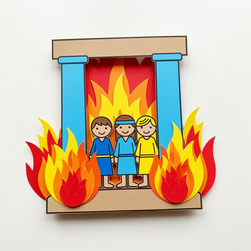 A simple, fully assembled construction paper craft project depicting three small figures standing unharmed inside a tall, stylized fiery furnace structure, designed as an example for a children’s Bible story activity — Close-up flat lay composition with a slight overhead view, optimizing for instructional clarity of the assembled pieces; Centered focus on the furnace craft; Bright, highly saturated primary colors emphasizing yellows, reds, and orange for the fire against light blue and brown for the structure; Clean, bright, even studio lighting creating a joyful and safe educational mood; Simplified paper craft style with bold outlines and flat graphic shapes, visibly constructed from cut cardstock or felt; Must appear as a tangible, simple children's craft project suitable for primary students; avoid realism, avoid complex shadows, and ensure the fire looks stylized and safe; Clean white desktop surface.