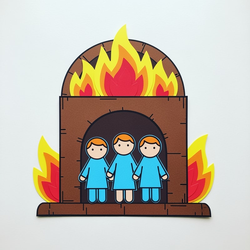 A simple, fully assembled construction paper craft project depicting three small figures standing unharmed inside a tall, stylized fiery furnace structure, designed as an example for a children’s Bible story activity — Close-up flat lay composition with a slight overhead view, optimizing for instructional clarity of the assembled pieces; Centered focus on the furnace craft; Bright, highly saturated primary colors emphasizing yellows, reds, and orange for the fire against light blue and brown for the structure; Clean, bright, even studio lighting creating a joyful and safe educational mood; Simplified paper craft style with bold outlines and flat graphic shapes, visibly constructed from cut cardstock or felt; Must appear as a tangible, simple children's craft project suitable for primary students; avoid realism, avoid complex shadows, and ensure the fire looks stylized and safe; Clean white desktop surface.