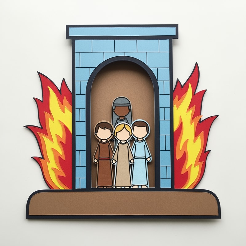 A simple, fully assembled construction paper craft project depicting three small figures standing unharmed inside a tall, stylized fiery furnace structure, designed as an example for a children’s Bible story activity — Close-up flat lay composition with a slight overhead view, optimizing for instructional clarity of the assembled pieces; Centered focus on the furnace craft; Bright, highly saturated primary colors emphasizing yellows, reds, and orange for the fire against light blue and brown for the structure; Clean, bright, even studio lighting creating a joyful and safe educational mood; Simplified paper craft style with bold outlines and flat graphic shapes, visibly constructed from cut cardstock or felt; Must appear as a tangible, simple children's craft project suitable for primary students; avoid realism, avoid complex shadows, and ensure the fire looks stylized and safe; Clean white desktop surface.