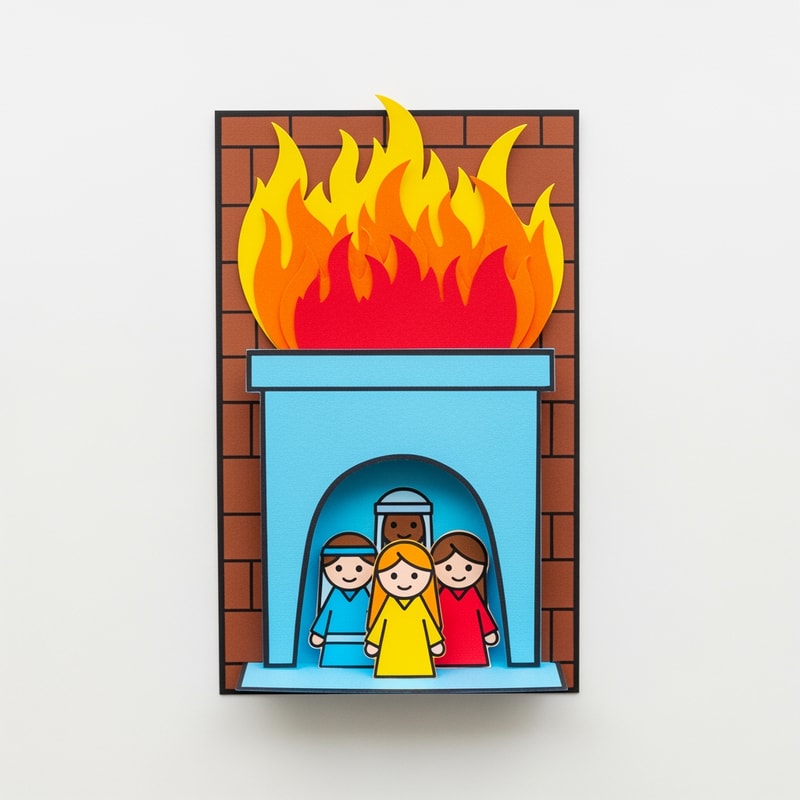 A simple, fully assembled construction paper craft project depicting three small figures standing unharmed inside a tall, stylized fiery furnace structure, designed as an example for a children’s Bible story activity — Close-up flat lay composition with a slight overhead view, optimizing for instructional clarity of the assembled pieces; Centered focus on the furnace craft; Bright, highly saturated primary colors emphasizing yellows, reds, and orange for the fire against light blue and brown for the structure; Clean, bright, even studio lighting creating a joyful and safe educational mood; Simplified paper craft style with bold outlines and flat graphic shapes, visibly constructed from cut cardstock or felt; Must appear as a tangible, simple children's craft project suitable for primary students; avoid realism, avoid complex shadows, and ensure the fire looks stylized and safe; Clean white desktop surface.