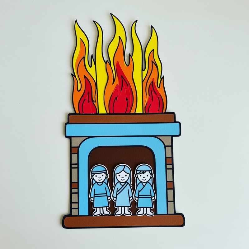 A simple, fully assembled construction paper craft project depicting three small figures standing unharmed inside a tall, stylized fiery furnace structure, designed as an example for a children’s Bible story activity — Close-up flat lay composition with a slight overhead view, optimizing for instructional clarity of the assembled pieces; Centered focus on the furnace craft; Bright, highly saturated primary colors emphasizing yellows, reds, and orange for the fire against light blue and brown for the structure; Clean, bright, even studio lighting creating a joyful and safe educational mood; Simplified paper craft style with bold outlines and flat graphic shapes, visibly constructed from cut cardstock or felt; Must appear as a tangible, simple children's craft project suitable for primary students; avoid realism, avoid complex shadows, and ensure the fire looks stylized and safe; Clean white desktop surface.