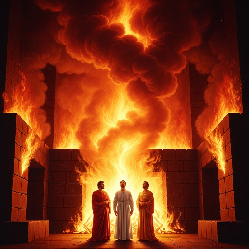 Shadrach, Meshach, and Abednego, the three friends of Daniel, standing steadfast and unharmed at the center of a massive, roaring fiery furnace — A powerful, low-angle medium shot centered on the figures, emphasizing the overwhelming scale and intensity of the flames; A dramatic, incandescent palette dominated by deep reds, blazing oranges, and sulfurous yellows, sharply contrasted by the untouched garments of the figures; Extreme, high-contrast chiaroscuro lighting, with the intense, miraculous light emanating solely from the fire itself, creating a mood of divine protection and sublime defiance; Executed in the dramatic style of a Baroque oil painting or high-detail master illustration, focusing on rich texture in the smoke, fire, and fabric; Ensure the three human figures appear completely unharmed and peaceful; The massive, roaring interior of an ancient Babylonian brick or stone furnace.