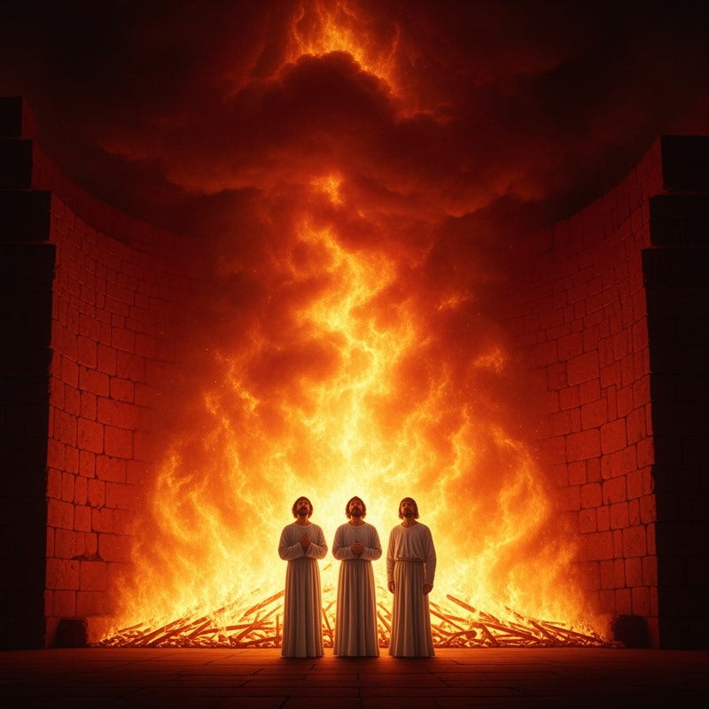 Shadrach, Meshach, and Abednego, the three friends of Daniel, standing steadfast and unharmed at the center of a massive, roaring fiery furnace — A powerful, low-angle medium shot centered on the figures, emphasizing the overwhelming scale and intensity of the flames; A dramatic, incandescent palette dominated by deep reds, blazing oranges, and sulfurous yellows, sharply contrasted by the untouched garments of the figures; Extreme, high-contrast chiaroscuro lighting, with the intense, miraculous light emanating solely from the fire itself, creating a mood of divine protection and sublime defiance; Executed in the dramatic style of a Baroque oil painting or high-detail master illustration, focusing on rich texture in the smoke, fire, and fabric; Ensure the three human figures appear completely unharmed and peaceful; The massive, roaring interior of an ancient Babylonian brick or stone furnace.