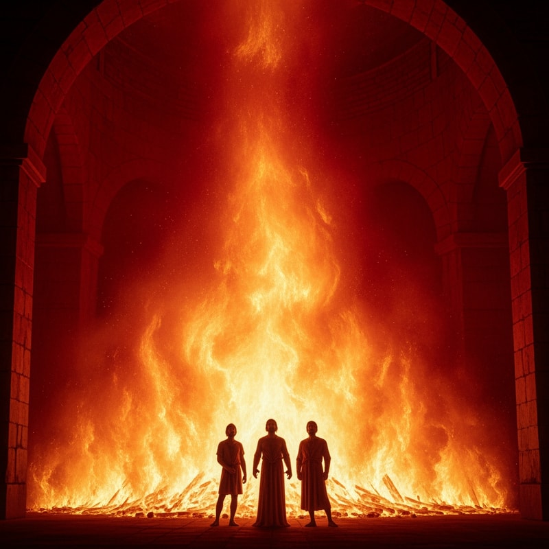 Shadrach, Meshach, and Abednego, the three friends of Daniel, standing steadfast and unharmed at the center of a massive, roaring fiery furnace — A powerful, low-angle medium shot centered on the figures, emphasizing the overwhelming scale and intensity of the flames; A dramatic, incandescent palette dominated by deep reds, blazing oranges, and sulfurous yellows, sharply contrasted by the untouched garments of the figures; Extreme, high-contrast chiaroscuro lighting, with the intense, miraculous light emanating solely from the fire itself, creating a mood of divine protection and sublime defiance; Executed in the dramatic style of a Baroque oil painting or high-detail master illustration, focusing on rich texture in the smoke, fire, and fabric; Ensure the three human figures appear completely unharmed and peaceful; The massive, roaring interior of an ancient Babylonian brick or stone furnace.
