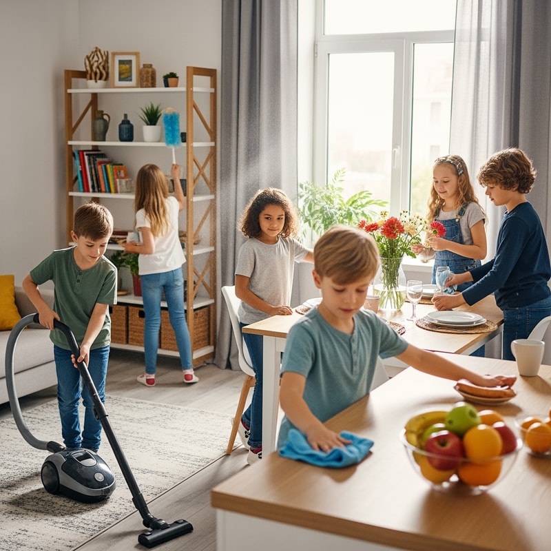 make a picture of boys and girls helping at home together