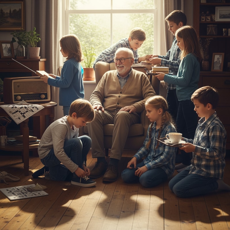 make a picture of  boys and girls helping a grandfather in his home