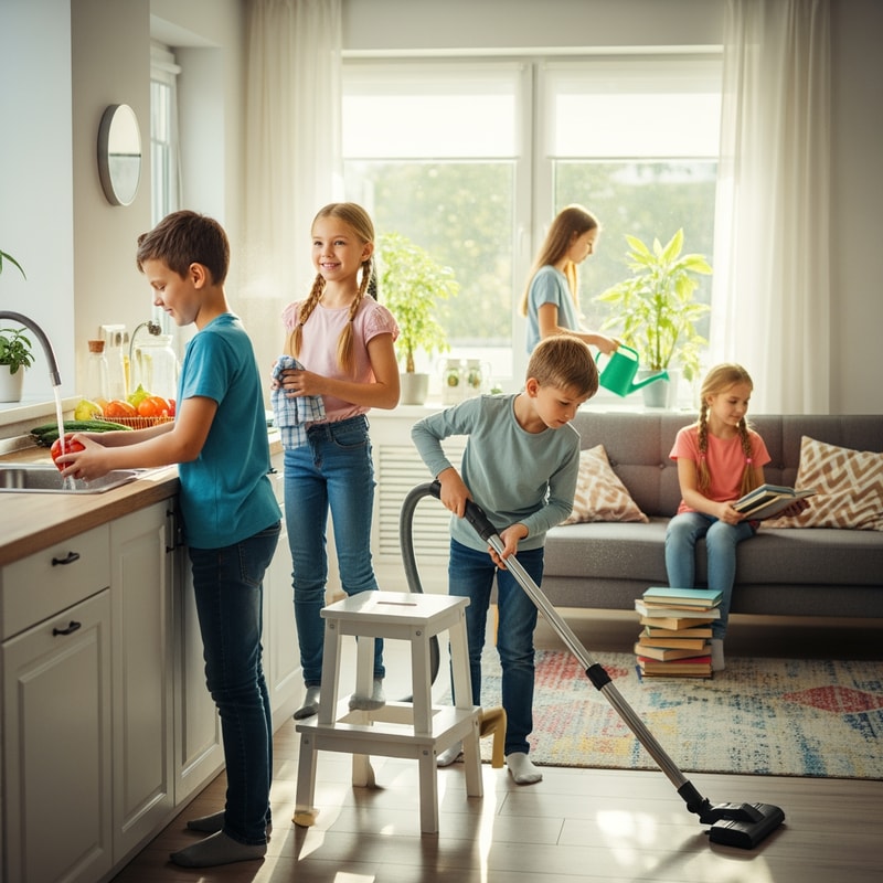 make a picture of boys and girls helping at home together