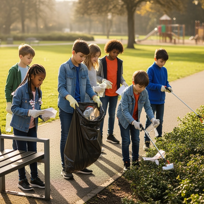 make a picture of  boys and girls cleaning rubbish  together