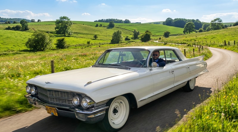 make him drive in a green pastural background