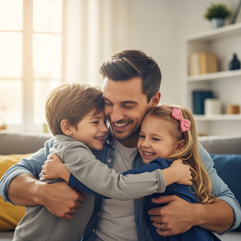 picture of a father with a son and daughter warmly hugging them
