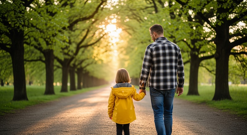 picture from behind, of a father and child walking hand in hand