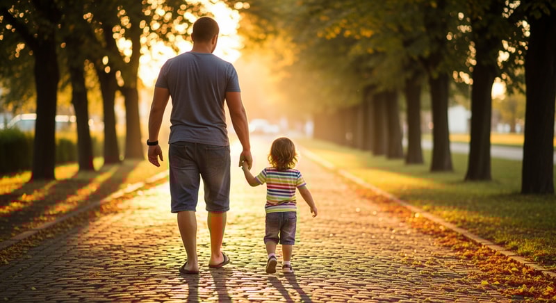 picture from behind, of a father and child walking hand in hand
