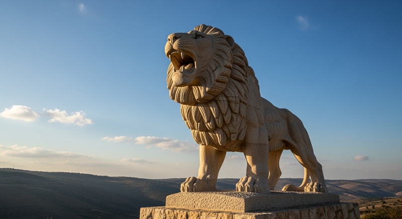 האריה השואג של תל חי ושמים כחולים ברקע