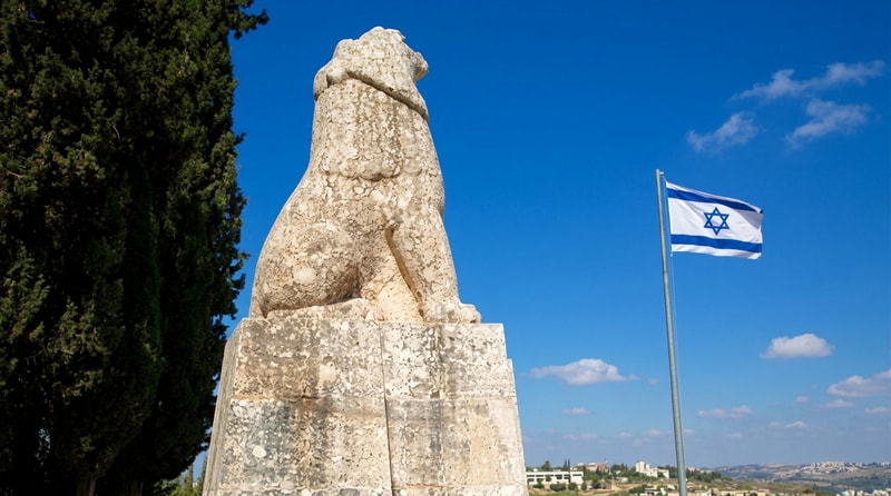 האריה השואג של תל-חי ושמים כחוליםmake this lion with background of blue skies and Israeli nflag at the background ברקע