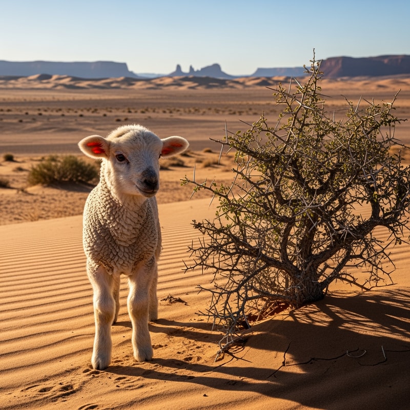 picture of a lamb in a desert standing next to a thorny bush