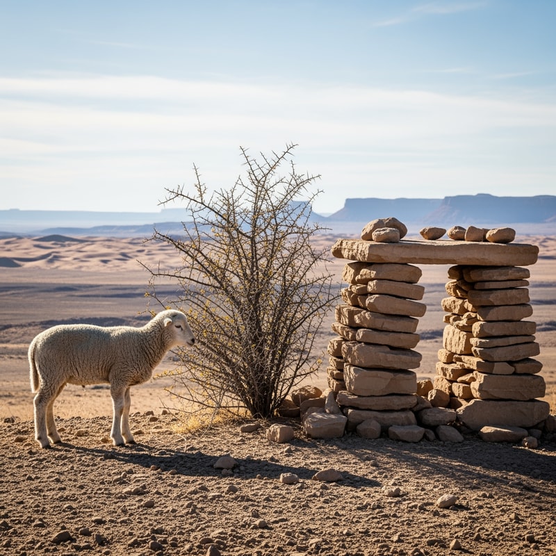 picture of a lamb standing on a hill in a desert, next to a thorny bush and an altar made of natural stones