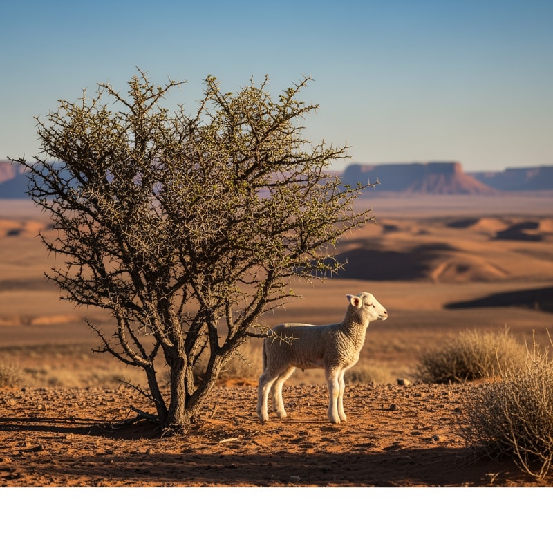 picture of a lamb in a desert standing next to a thorny bush