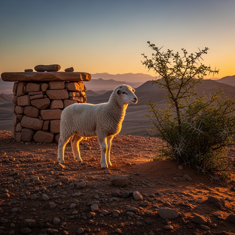 picture of a lamb standing on a hill in a desert, next to a thorny bush and an altar made of natural stones