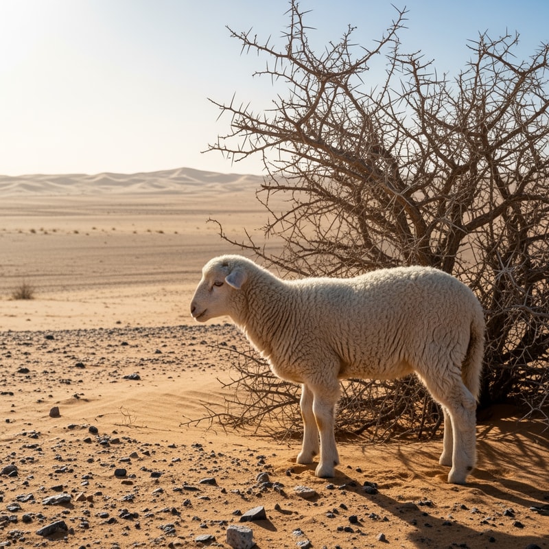 picture of a lamb in a desert standing next to a thorny bush