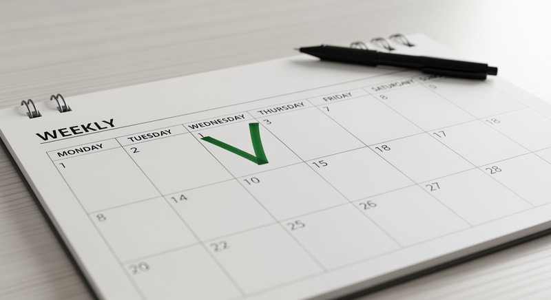 picture ofa weekly calendar with a V check on wednesday