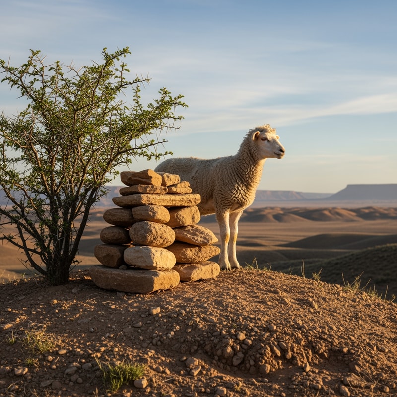 picture of a lamb standing on a hill in a desert, next to a thorny bush and an altar made of natural stones