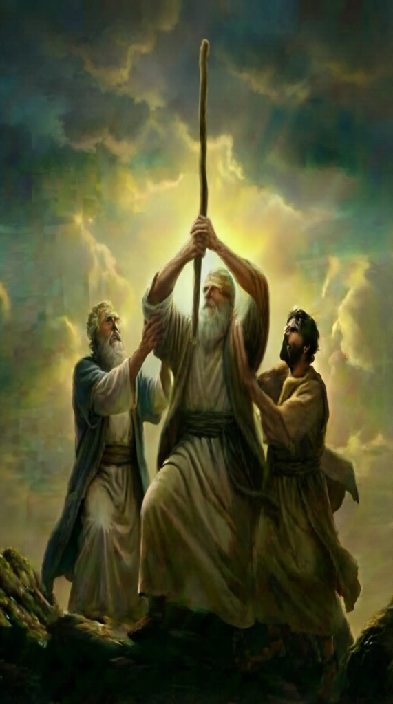 Keep the entire scene the same, but adjust the pose so that the man on the left is holding Moses by the elbow to support his arm