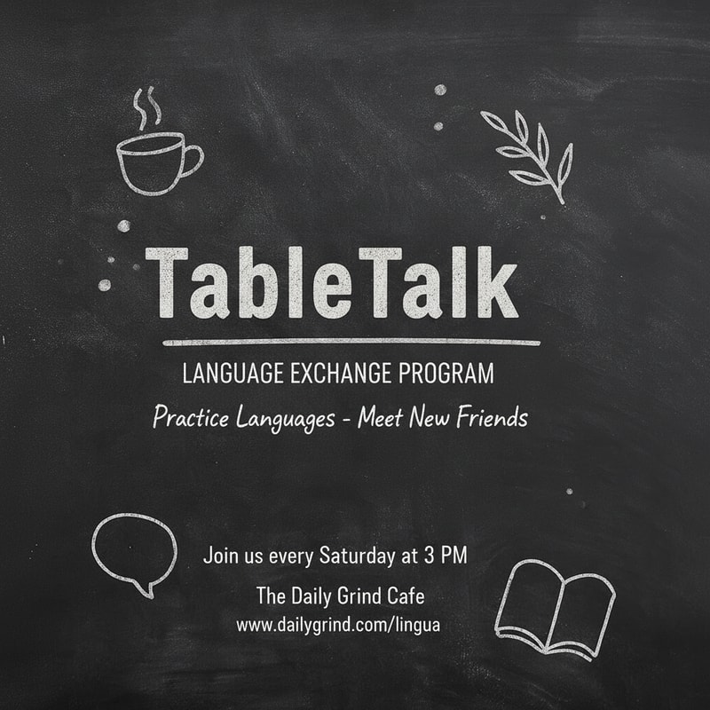 Flyer for a language exchange program. Style: modern cafe chalkboard. Title: TableTalk