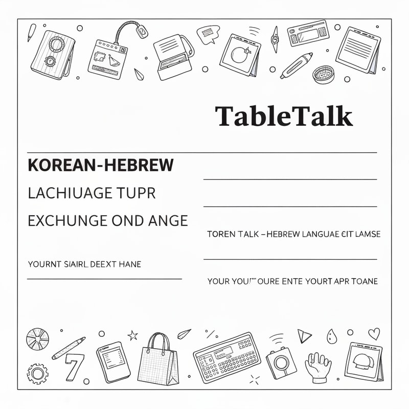 Template for a flier announcing Korean-Hebrew language exchange meetings. White background, doodle-style related graphics, title: TableTalk and enough space for the text to be added later.