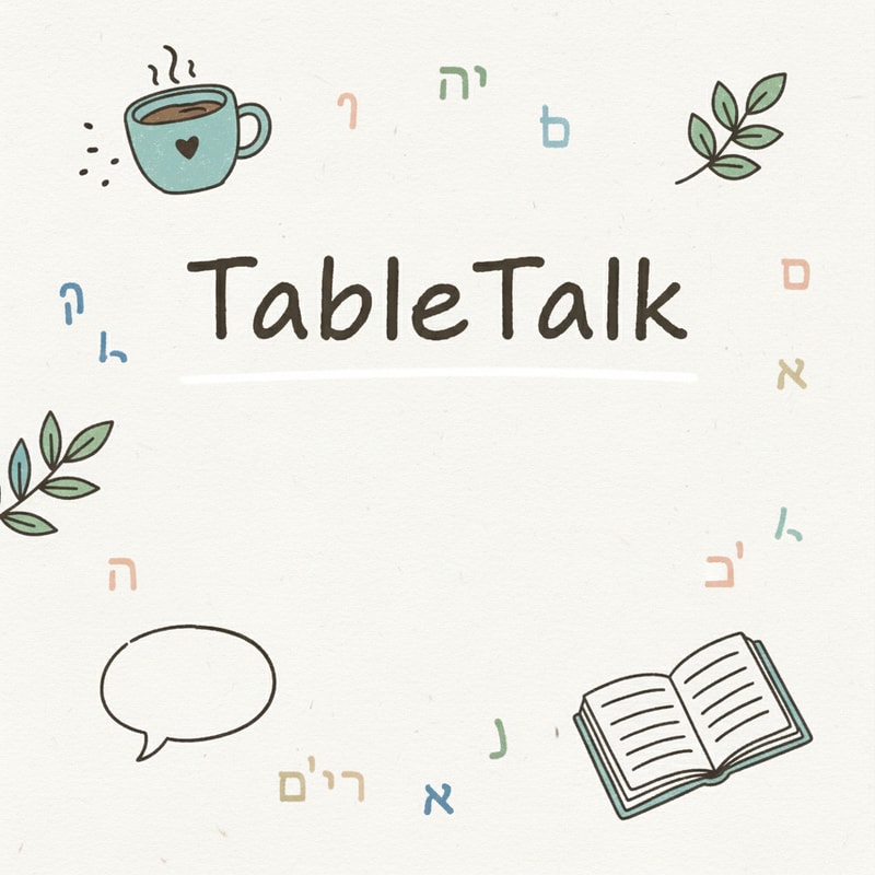 Template for a flier announcing Korean-Hebrew language exchange meetings. Vibe - warm, relational, not educational, not formal. Like a coffee-shop chalkboard style, but white background, cute doodle-style related graphics and vignettes around, possibly some hebrew and hangul letters. Title: TableTalk. No text apart from the title, but enough space in the middle for the text to be added later. no frame necessary