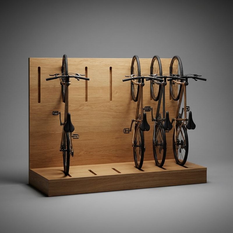 A minimalist wooden bicycle display stand designed for a bicycle shop. The structure is made entirely of natural oak wood. It consists of a rectangular oak platform, 20 cm high, with a smooth natural wood finish. Rising from the back of the platform is a vertical oak wall, 115 cm high, also made of natural oak. The wall contains evenly spaced vertical slots designed to securely hold bicycle wheels, allowing multiple bicycles to stand neatly and upright. The bicycles are positioned according to a simple technical sketch, with their wheels inserted into the slots. The overall design is clean, modern, and functional, emphasizing craftsmanship, natural materials, and retail presentation. Studio lighting, neutral background, realistic proportions.The bicycle display stand is not vertical. The bicycles stand upright on the wooden platform, with both wheels positioned straight and perpendicular to the floor.