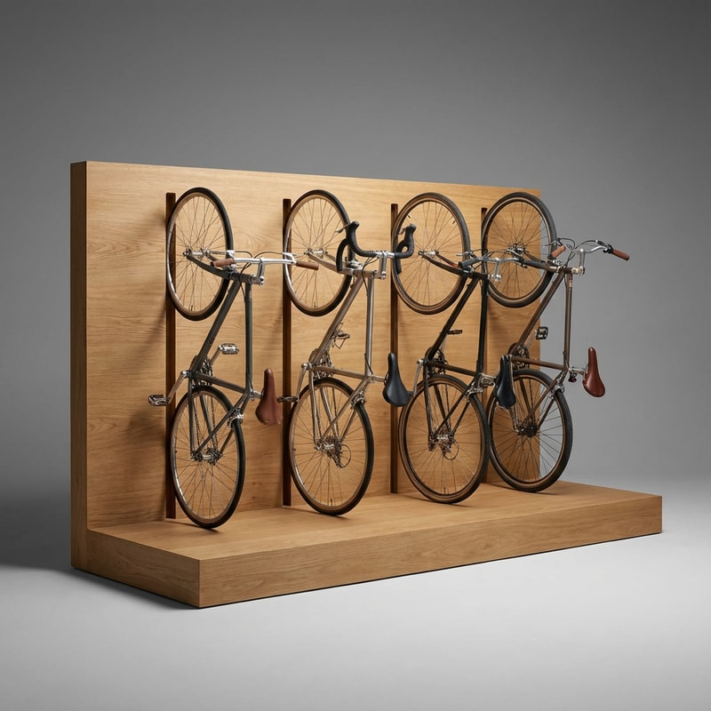 A minimalist wooden bicycle display stand designed for a bicycle shop. The structure is made entirely of natural oak wood. It consists of a rectangular oak platform, 20 cm high, with a smooth natural wood finish. Rising from the back of the platform is a vertical oak wall, 115 cm high, also made of natural oak. The wall contains evenly spaced vertical slots designed to securely hold bicycle wheels, allowing multiple bicycles to stand neatly and upright. The bicycles are positioned according to a simple technical sketch, with their wheels inserted into the slots. The overall design is clean, modern, and functional, emphasizing craftsmanship, natural materials, and retail presentation. Studio lighting, neutral background, realistic proportions.The bicycle display stand is not vertical. The bicycles stand upright on the wooden platform, with both wheels positioned straight and perpendicular to the floor.he visualization is not correct because the bicycles must be vertical, meaning both wheels are on the floor. Do not create a display where the bicycles are hanging. The bicycles must stand upright with both wheels on the flooר